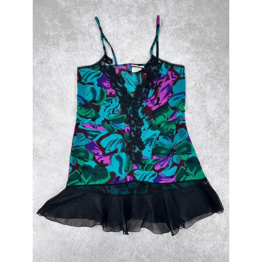 Smart Set Vintage Floral Camisole Top Lace Trim Ruffle Hem Teal Purple Medium